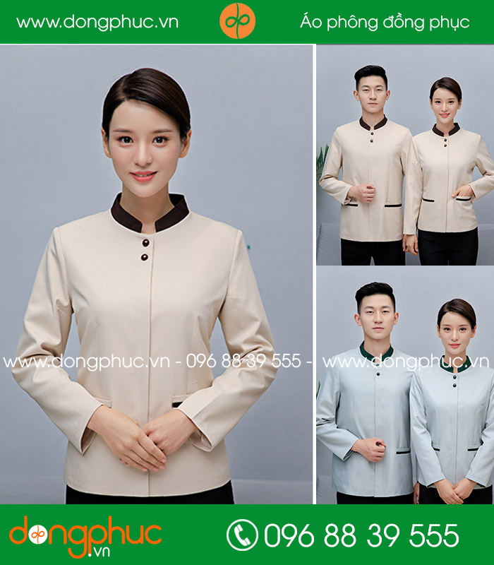 đồng phục vệ sinh màu hồng nhạt cổ nâu